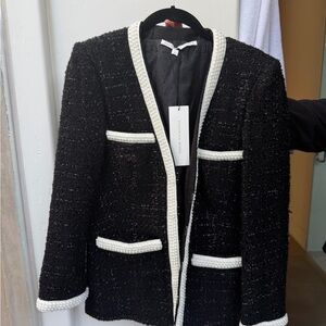 Veronica Beard Black Tweed Jacket with White Pearl Trim